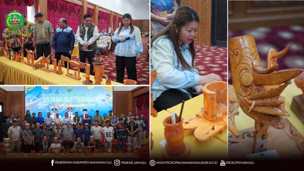 Cover Berita 1.1 (3) Ujoh Bilang – Bupati Mahakam Ulu (Mahulu), Angela Idang Belawan, secara resmi menutup Pelatihan Ukir Kayu bagi Pegiat Seni Ukir yang sebelumnya telah berlangsung selama beberapa hari. Penutupan kegiatan diselenggarakan di Ballroom Lantai 3 Kantor Bupati Mahulu, Jumat (12/12/2025), dan turut dihadiri oleh Wakil Bupati Mahakam Ulu, Suhuk, S.E.