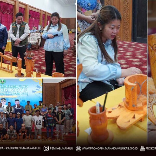Ujoh Bilang – Bupati Mahakam Ulu (Mahulu), Angela Idang Belawan, secara resmi menutup Pelatihan Ukir Kayu bagi Pegiat Seni Ukir yang sebelumnya telah berlangsung selama beberapa hari. Penutupan kegiatan diselenggarakan di Ballroom Lantai 3 Kantor Bupati Mahulu, Jumat (12/12/2025), dan turut dihadiri oleh Wakil Bupati Mahakam Ulu, Suhuk, S.E.