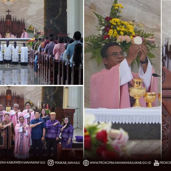 Ujoh Bilang – Bupati Mahakam Ulu (Mahulu), Angela Idang Belawan, menghadiri Misa Syukur dalam rangka Hari jadi ke-12 Kabupaten Mahakam Ulu yang dilaksanakan di Gereja Katolik St. Bonifasius Sebenaq, Minggu (14/12/2025).