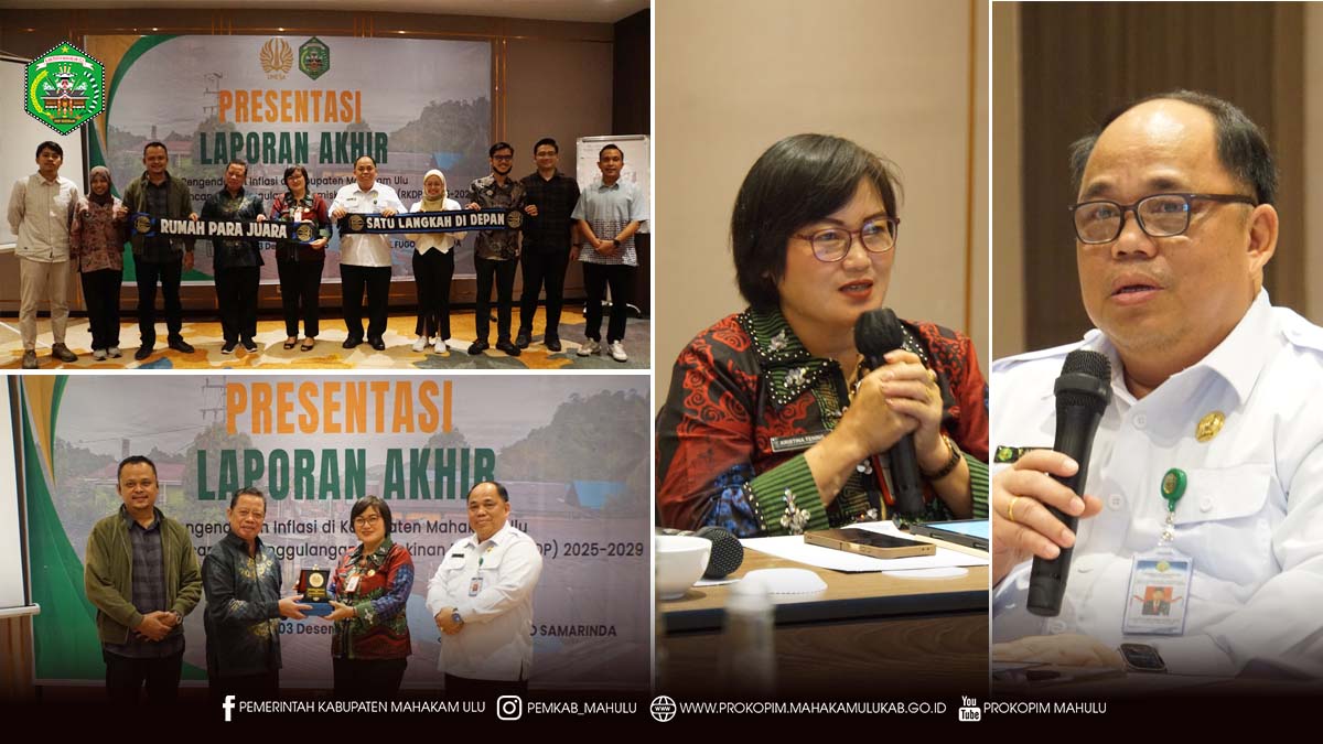 Samarinda – Bupati Mahakam Ulu (Mahulu), Angela Idang Belawan, yang pada kesempatan ini diwakilkan Asisten Bidang Administrasi Umum Sekretariat Daerah (Asisten III), Kristina Tening, S.H., M.Si., secara resmi membuka kegiatan Presentasi Laporan Akhir Analisis Pengendalian Inflasi dan Kajian Rencana Penanggulangan Kemiskinan Daerah (RPKD) 2025–2029, Rabu (03/12/2025) di Samarinda.