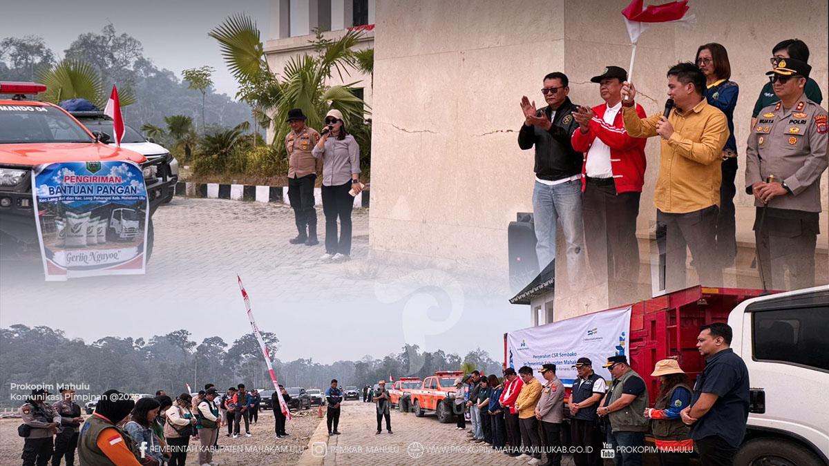 Ujoh Bilang – Mewakili Bupati Mahakam Ulu (Mahulu), Angela Idang Belawan, Wakil Bupati (Wabup) Mahulu, Suhuk, S.E., melepas rombongan pengiriman bantuan bagi masyarakat terdampak bencana akibat kemarau panjang di Kecamatan Long Pahangai dan Long Apari, Kabupaten Mahakam Ulu yang berkumpul di Kantor Bupati Mahulu, Sabtu (29/08/26).